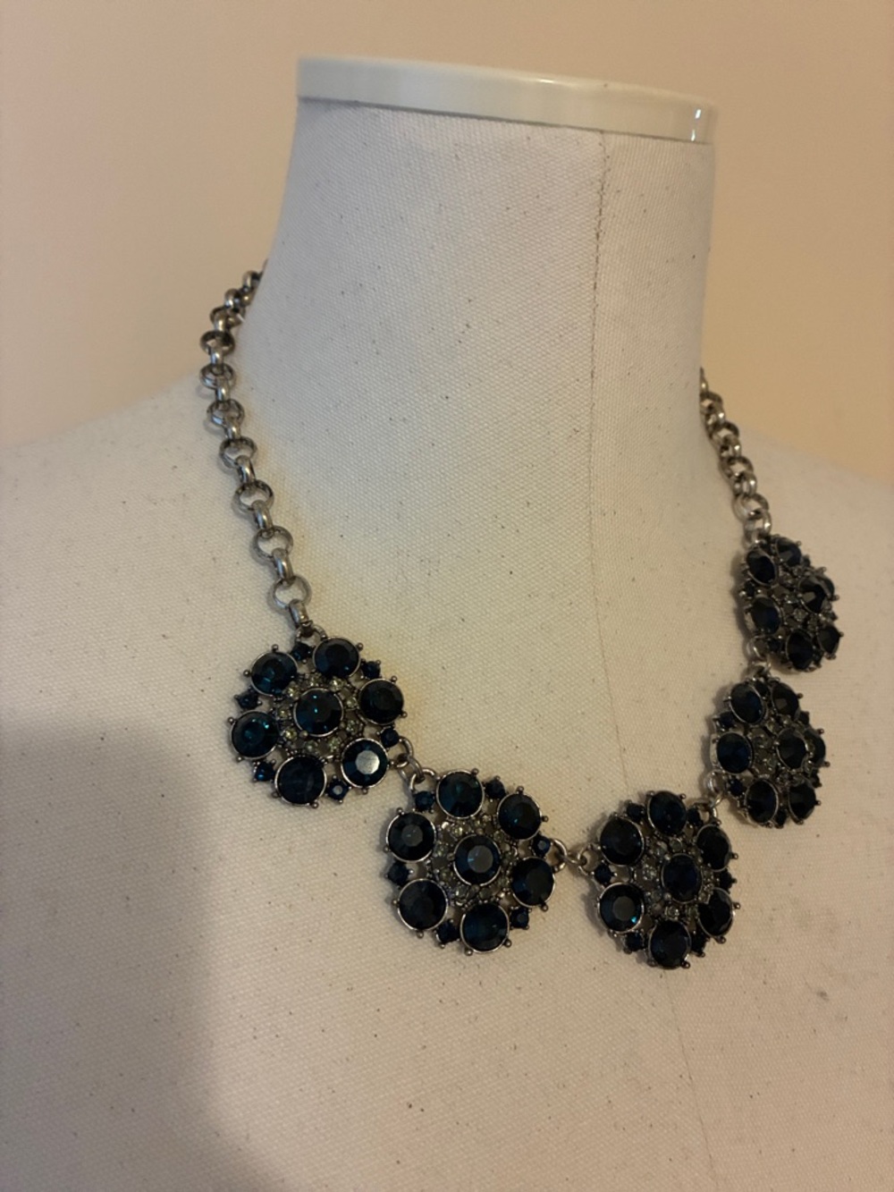Silver-Tone Navy Crystal Floral Statement Necklace - Unbranded